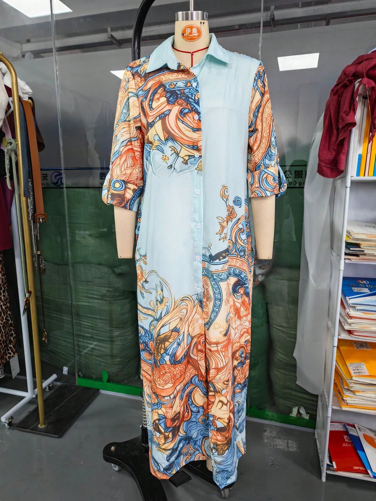 Women's Retro Scroll Print Chiffon Shirt Maxi Dress, 3/4 Sleeve Button Front Loose Vacation Long Dress, Elegant Wedding Guest Beach Cover Up Dress