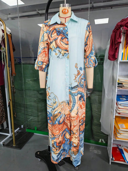 Women's Retro Scroll Print Chiffon Shirt Maxi Dress, 3/4 Sleeve Button Front Loose Vacation Long Dress, Elegant Wedding Guest Beach Cover Up Dress