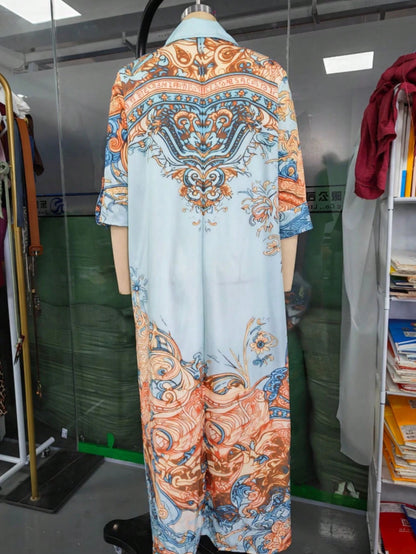 Women's Retro Scroll Print Chiffon Shirt Maxi Dress, 3/4 Sleeve Button Front Loose Vacation Long Dress, Elegant Wedding Guest Beach Cover Up Dress