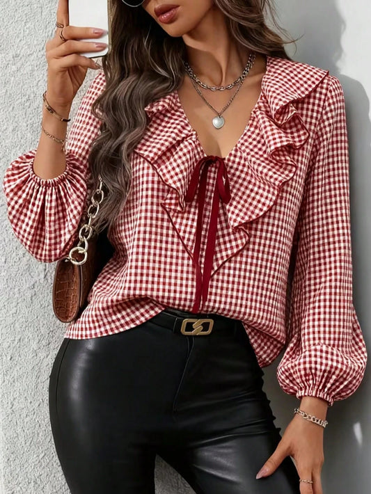 Women's Ruffled Plaid Button Front Pocket Shirt Spring Red