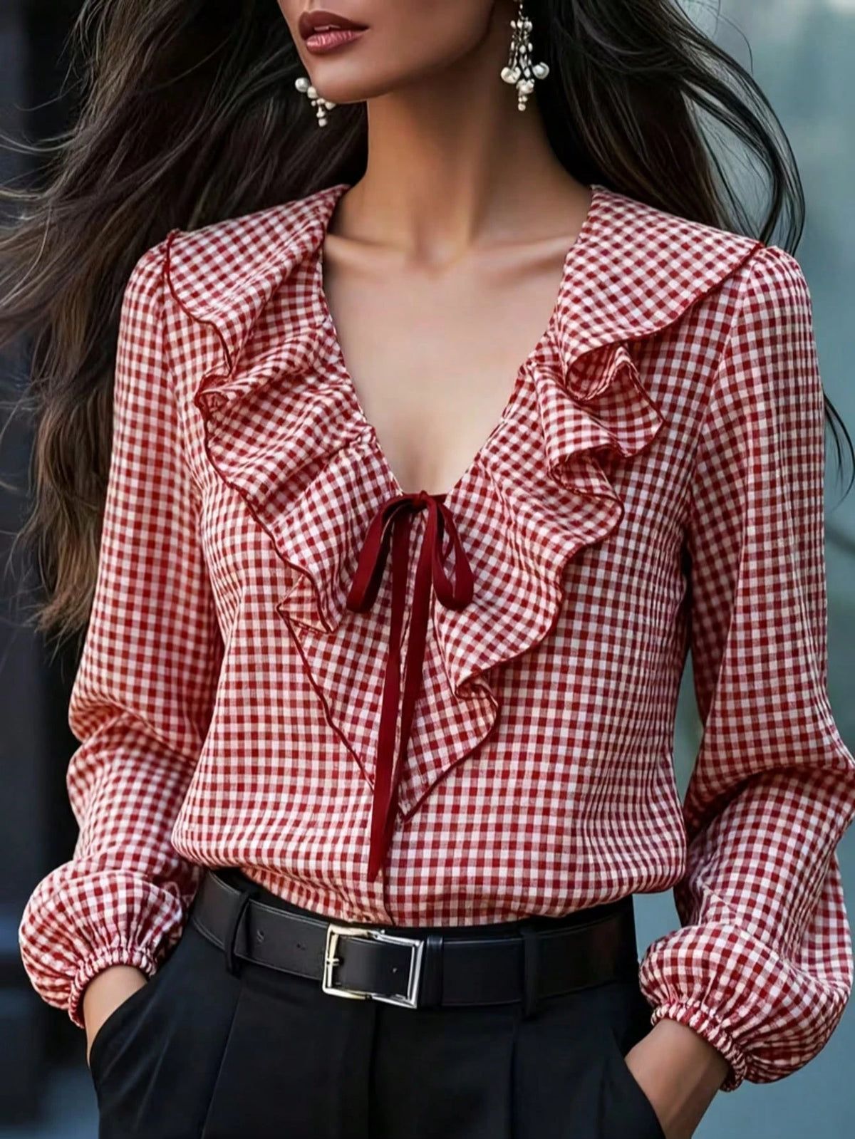 Women's Ruffled Plaid Button Front Pocket Shirt Spring Red
