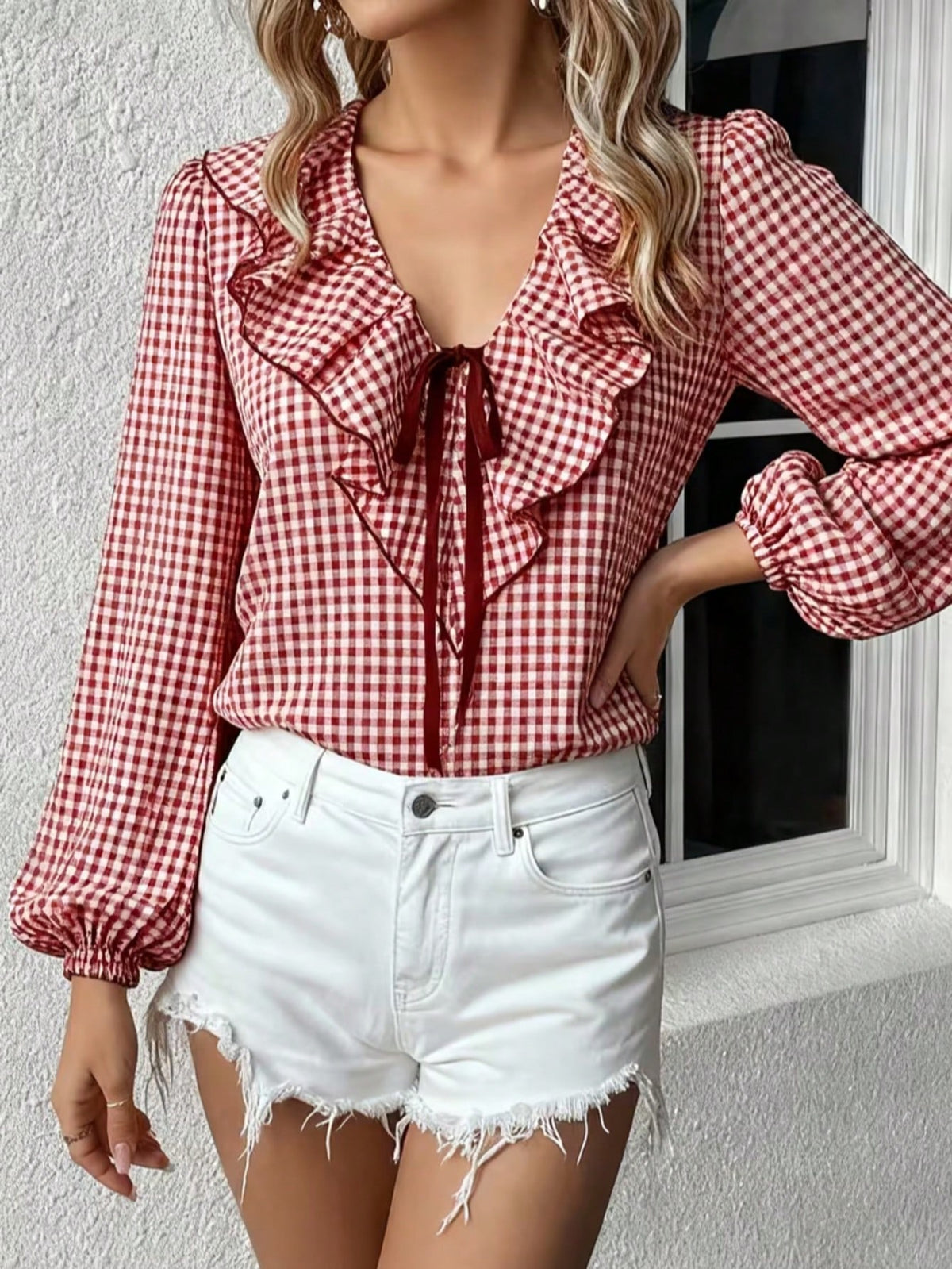 Women's Ruffled Plaid Button Front Pocket Shirt Spring Red