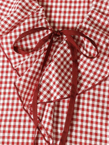 Women's Ruffled Plaid Button Front Pocket Shirt Spring Red