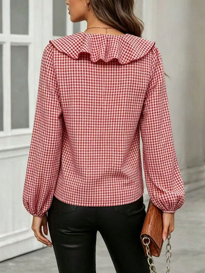 Women's Ruffled Plaid Button Front Pocket Shirt Spring Red