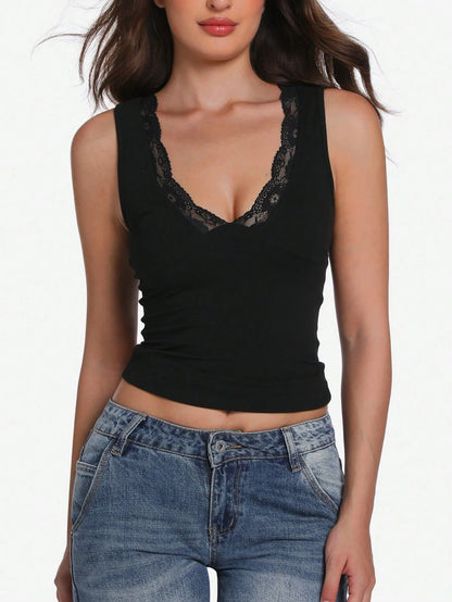 Women's Sexy Lace V-Neck Y2K Fashion Christmas Comfortable Casual Camisole Top, Suitable For Spring, Summer, Daily Commute And Vacation Wear Black