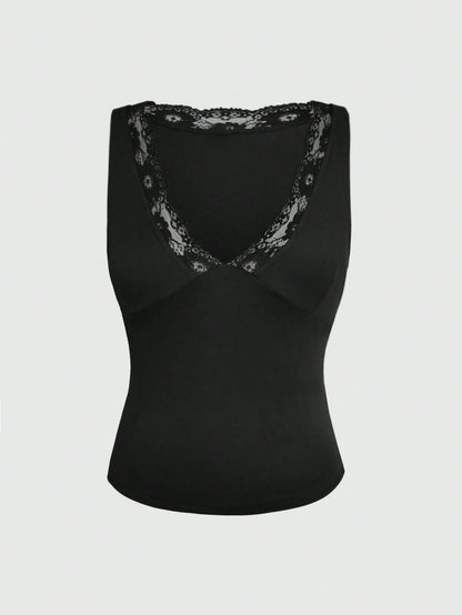 Women's Sexy Lace V-Neck Y2K Fashion Christmas Comfortable Casual Camisole Top, Suitable For Spring, Summer, Daily Commute And Vacation Wear Black