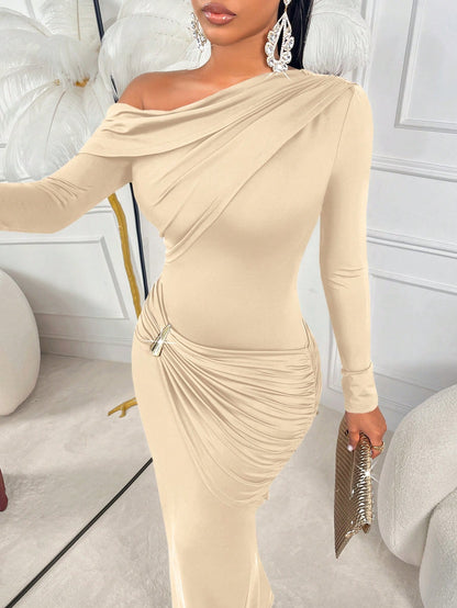Women's Sexy Party Long Sleeve Asymmetric Neck Bodycon Dress, Ruched Knit Fabric, Gold Button Detail, Elegant Long Pencil Skirt Spring