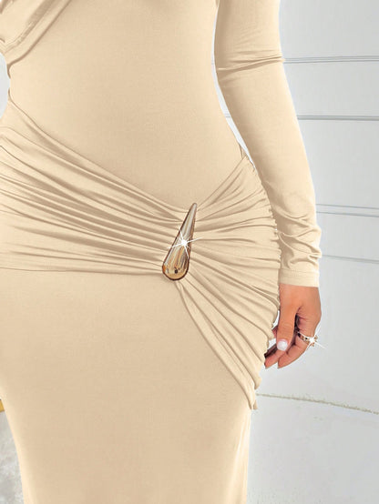Women's Sexy Party Long Sleeve Asymmetric Neck Bodycon Dress, Ruched Knit Fabric, Gold Button Detail, Elegant Long Pencil Skirt Spring