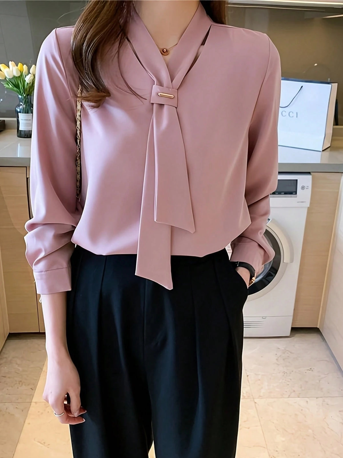 Women's Simple Solid Color Tie-Neck Business Casual Blouse, Suitable For Spring & Autumn Fall Cloth For Women