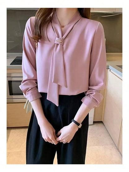Women's Simple Solid Color Tie-Neck Business Casual Blouse, Suitable For Spring & Autumn Fall Cloth For Women