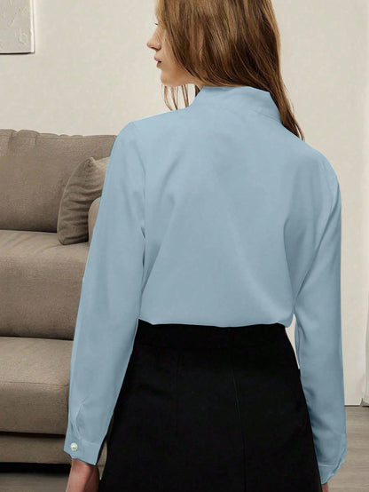 Women's Simple Solid Color Tie-Neck Business Casual Blouse, Suitable For Spring & Autumn Fall Cloth For Women