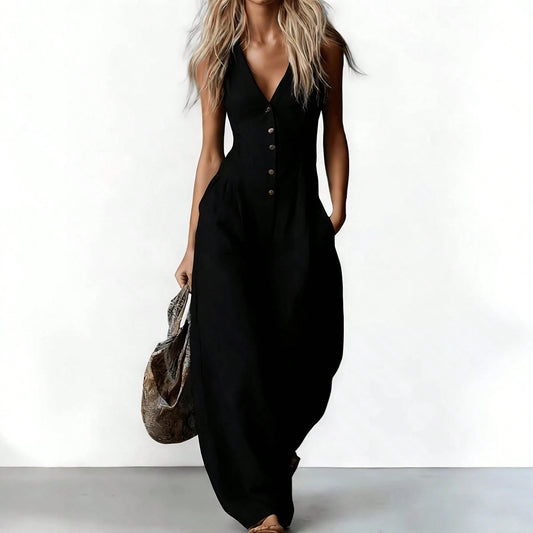 Women's Sleeveless V-Neck Button-Front Wide Leg Jumpsuit, Casual Linen-Blend Romper With Pockets