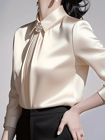 Women's Solid Color Collared Long Sleeve Shirt, Fashionable Elegant Office Commute Versatile Long Sleeve Blouse Spring Vacation