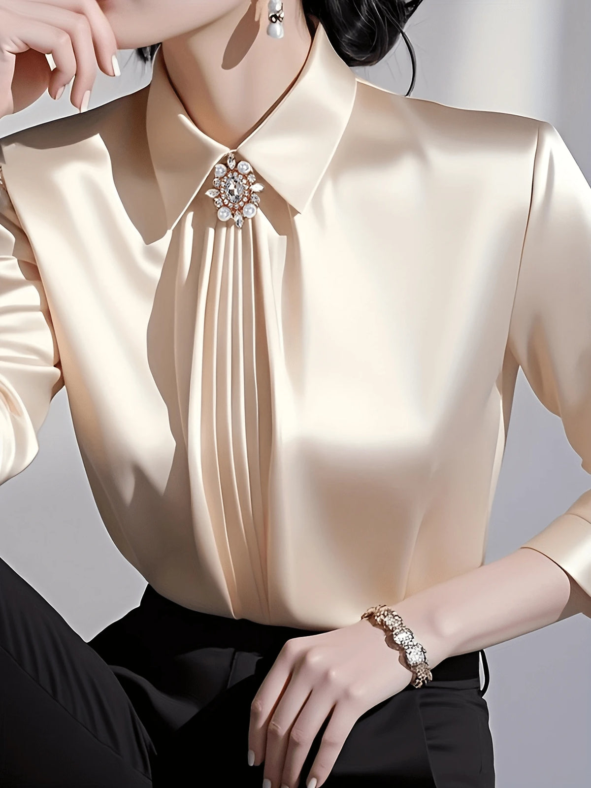 Women's Solid Color Collared Long Sleeve Shirt, Fashionable Elegant Office Commute Versatile Long Sleeve Blouse Spring Vacation