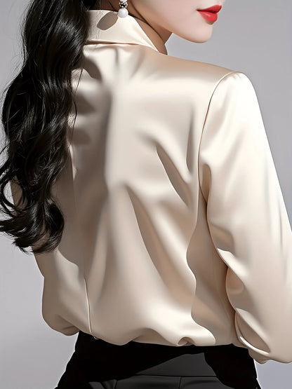 Women's Solid Color Collared Long Sleeve Shirt, Fashionable Elegant Office Commute Versatile Long Sleeve Blouse Spring Vacation