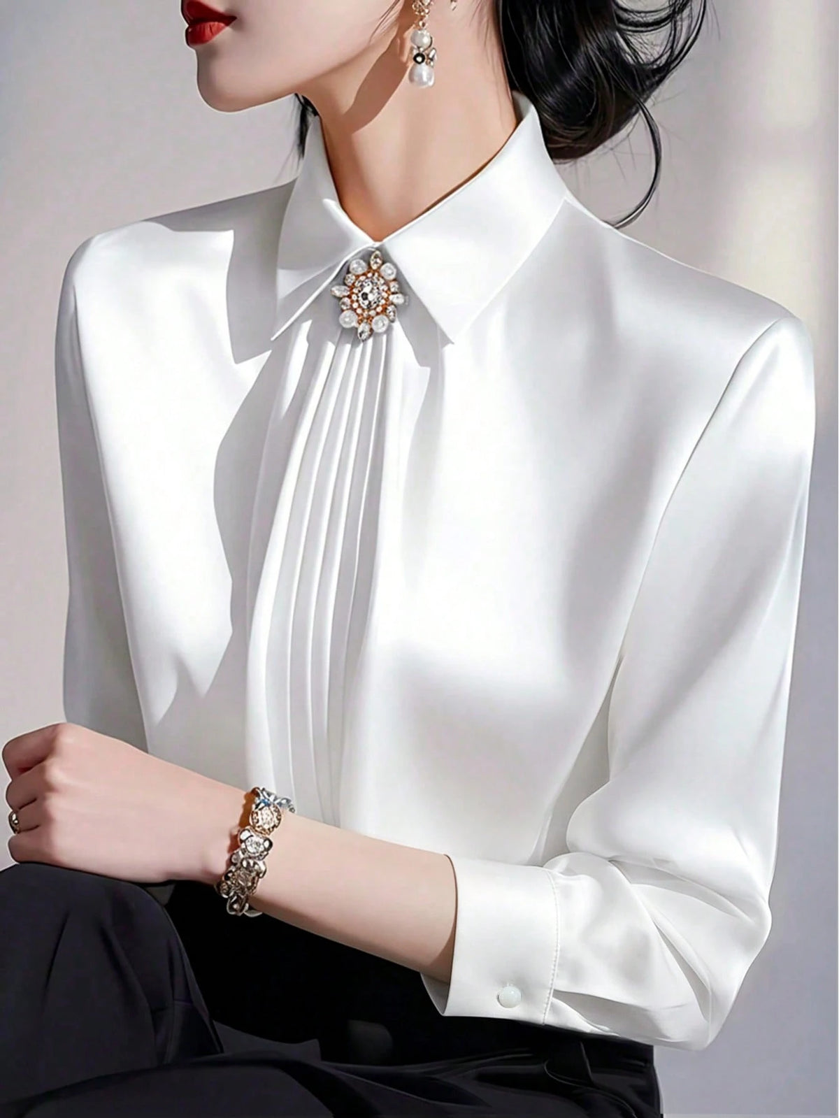 Women's Solid Color Collared Long Sleeve Shirt, Fashionable Elegant Office Commute Versatile Long Sleeve Blouse Spring Vacation