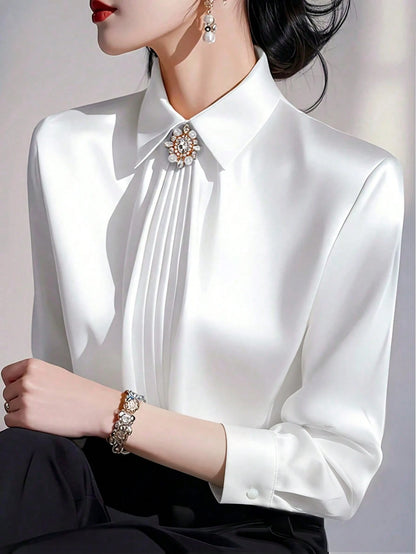 Women's Solid Color Collared Long Sleeve Shirt, Fashionable Elegant Office Commute Versatile Long Sleeve Blouse Spring Vacation