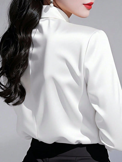 Women's Solid Color Collared Long Sleeve Shirt, Fashionable Elegant Office Commute Versatile Long Sleeve Blouse Spring Vacation