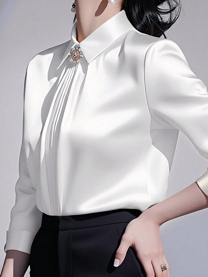 Women's Solid Color Collared Long Sleeve Shirt, Fashionable Elegant Office Commute Versatile Long Sleeve Blouse Spring Vacation