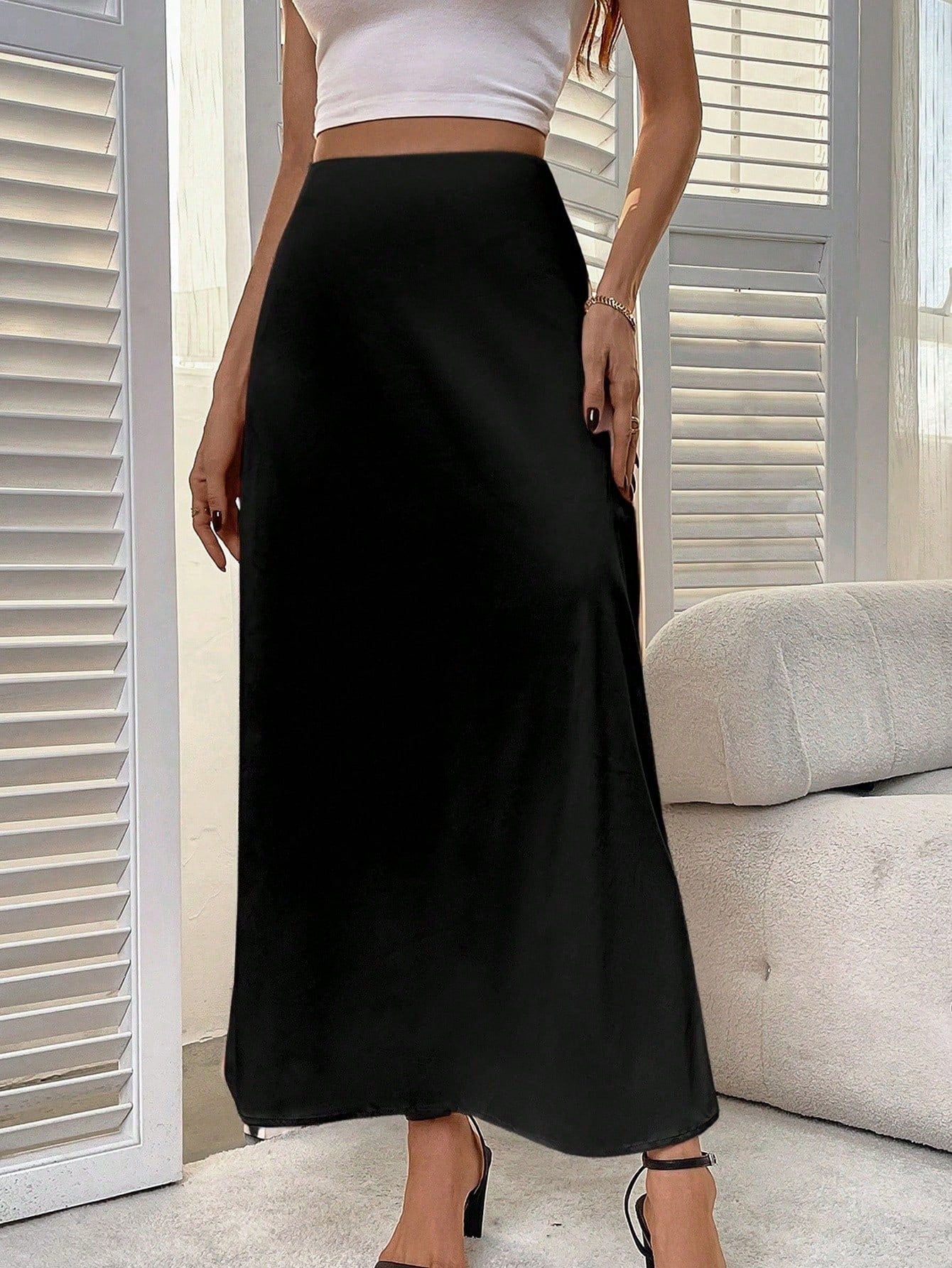 Women's Solid Color Elegant Zipper Slit Skirt, Satin Fabric With Slight Stretch, Elegant Minimalist Fashion Suitable For Summer Black
