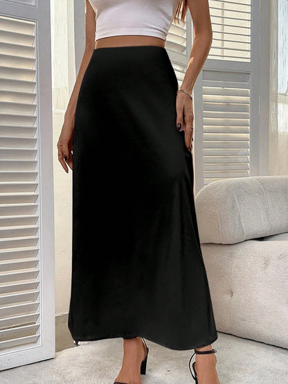 Women's Solid Color Elegant Zipper Slit Skirt, Satin Fabric With Slight Stretch, Elegant Minimalist Fashion Suitable For Summer Black