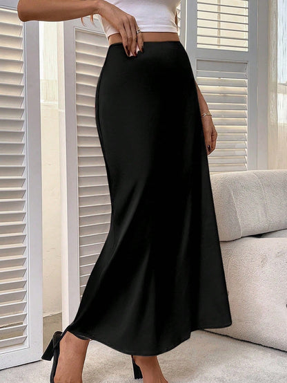 Women's Solid Color Elegant Zipper Slit Skirt, Satin Fabric With Slight Stretch, Elegant Minimalist Fashion Suitable For Summer Black