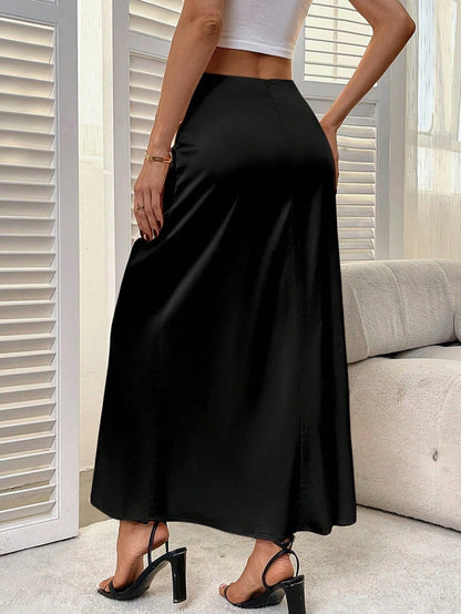 Women's Solid Color Elegant Zipper Slit Skirt, Satin Fabric With Slight Stretch, Elegant Minimalist Fashion Suitable For Summer Black