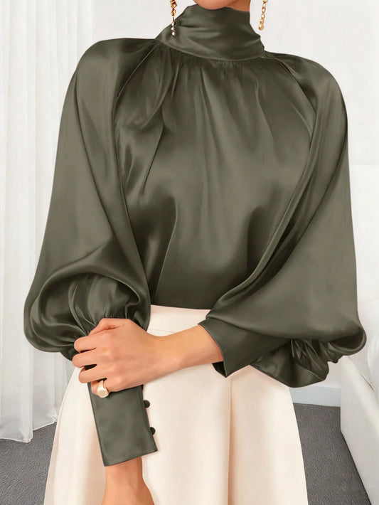 Women's Solid Color High Collar Lantern Sleeve Fashionable Modest Elegant Blouse, Spring/Autumn