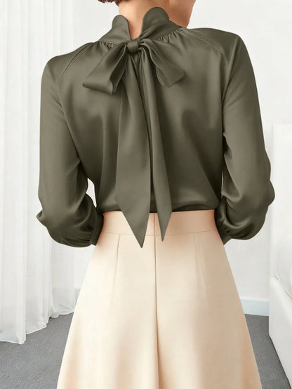 Women's Solid Color High Collar Lantern Sleeve Fashionable Modest Elegant Blouse, Spring/Autumn