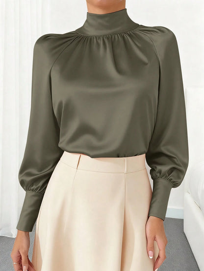 Women's Solid Color High Collar Lantern Sleeve Fashionable Modest Elegant Blouse, Spring/Autumn