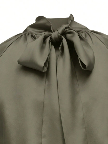 Women's Solid Color High Collar Lantern Sleeve Fashionable Modest Elegant Blouse, Spring/Autumn
