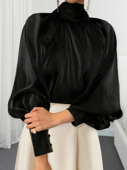 Women's Solid Color High Collar Lantern Sleeve Fashionable Modest Elegant Blouse, Spring/Autumn