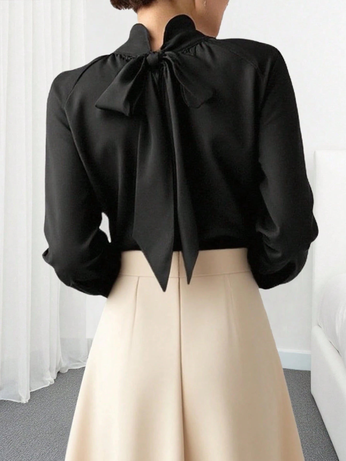 Women's Solid Color High Collar Lantern Sleeve Fashionable Modest Elegant Blouse, Spring/Autumn