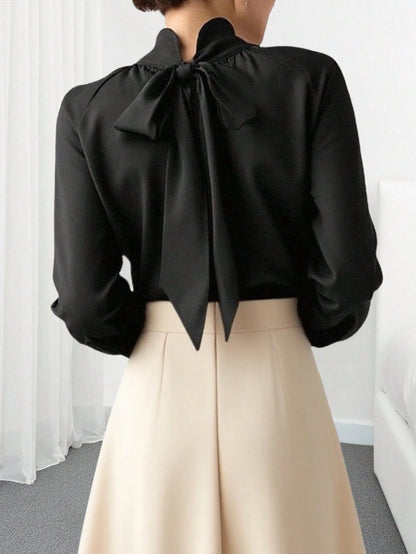 Women's Solid Color High Collar Lantern Sleeve Fashionable Modest Elegant Blouse, Spring/Autumn