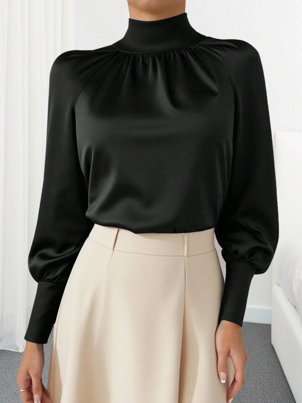 Women's Solid Color High Collar Lantern Sleeve Fashionable Modest Elegant Blouse, Spring/Autumn