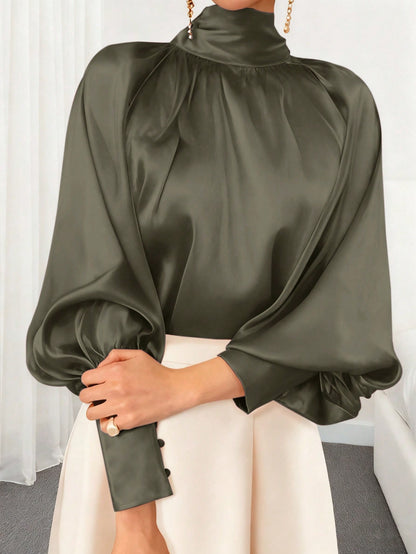 Women's Solid Color High Collar Lantern Sleeve Fashionable Modest Elegant Blouse, Spring/Autumn