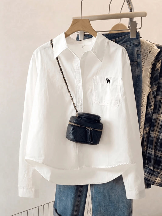 Women's Solid Color Long Sleeve Shirt, Fashionable For Summer, Embroidered Pocket Design Top White Spring