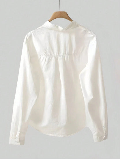 Women's Solid Color Long Sleeve Shirt, Fashionable For Summer, Embroidered Pocket Design Top White Spring