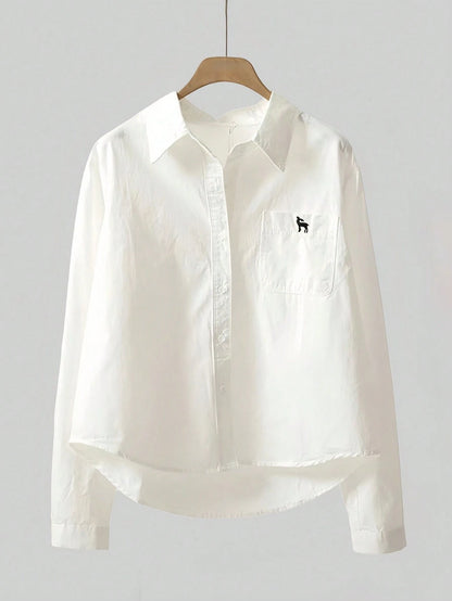 Women's Solid Color Long Sleeve Shirt, Fashionable For Summer, Embroidered Pocket Design Top White Spring