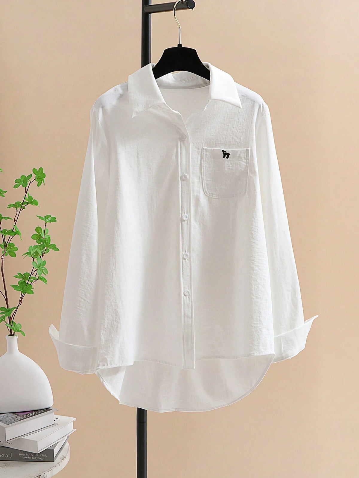 Women's Solid Color Long Sleeve Shirt, Fashionable For Summer, Embroidered Pocket Design Top White Spring
