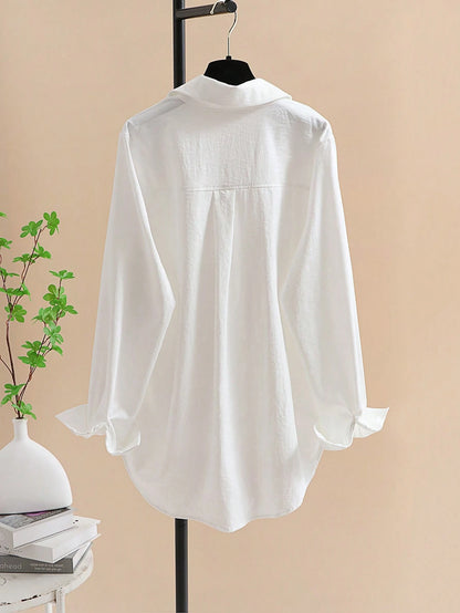 Women's Solid Color Long Sleeve Shirt, Fashionable For Summer, Embroidered Pocket Design Top White Spring