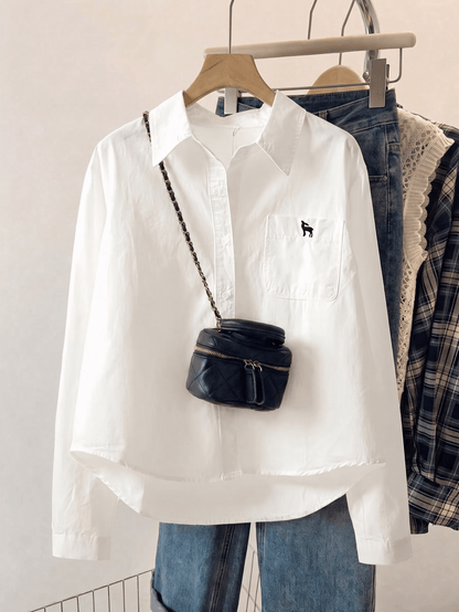 Women's Solid Color Long Sleeve Shirt, Fashionable For Summer, Embroidered Pocket Design Top White Spring
