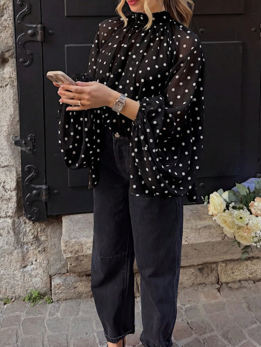 Women's Solid Color Polka Dot Elegant Chiffon Fabric Stand Collar Loose Tie Back Blouse, Suitable For Vacation, Beach, Spring & Autumn Black, French Girl Style
