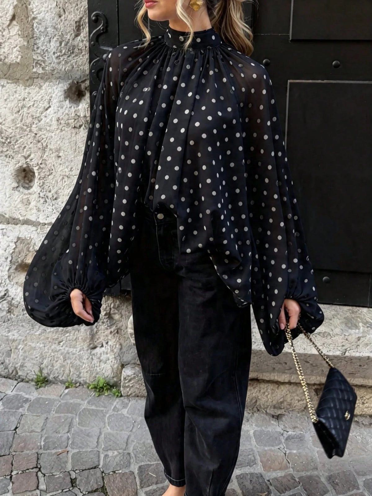 Women's Solid Color Polka Dot Elegant Chiffon Fabric Stand Collar Loose Tie Back Blouse, Suitable For Vacation, Beach, Spring & Autumn Black, French Girl Style