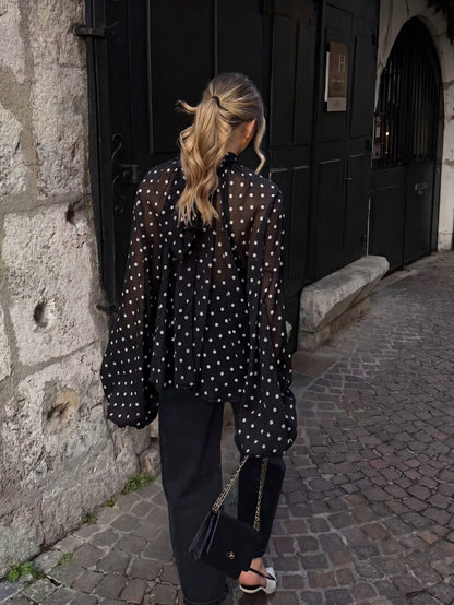Women's Solid Color Polka Dot Elegant Chiffon Fabric Stand Collar Loose Tie Back Blouse, Suitable For Vacation, Beach, Spring & Autumn Black, French Girl Style