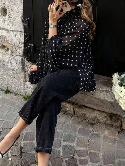 Women's Solid Color Polka Dot Elegant Chiffon Fabric Stand Collar Loose Tie Back Blouse, Suitable For Vacation, Beach, Spring & Autumn Black, French Girl Style