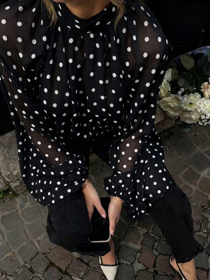 Women's Solid Color Polka Dot Elegant Chiffon Fabric Stand Collar Loose Tie Back Blouse, Suitable For Vacation, Beach, Spring & Autumn Black, French Girl Style