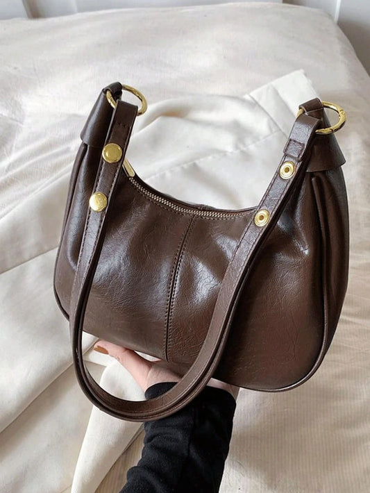 Women's Solid Color PU Shoulder Bag, Waterproof Fabric Underarm Crescent Shaped Bag, Quilted Design Minimalist Large Capacity Business Commuter Bag