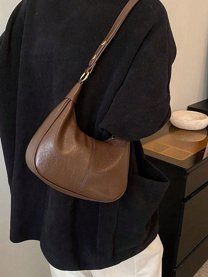 Women's Solid Color PU Shoulder Bag, Waterproof Fabric Underarm Crescent Shaped Bag, Quilted Design Minimalist Large Capacity Business Commuter Bag