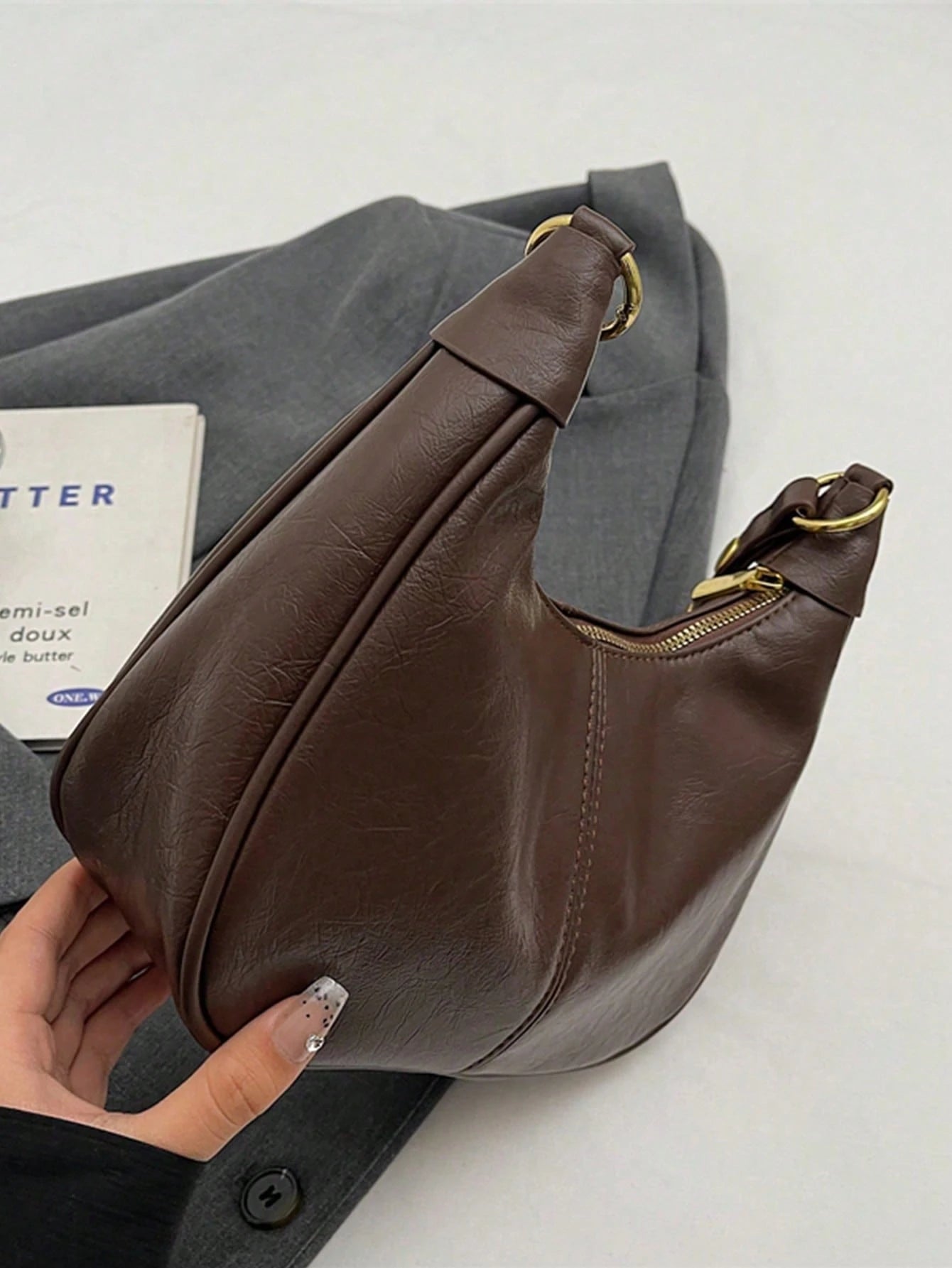 Women's Solid Color PU Shoulder Bag, Waterproof Fabric Underarm Crescent Shaped Bag, Quilted Design Minimalist Large Capacity Business Commuter Bag